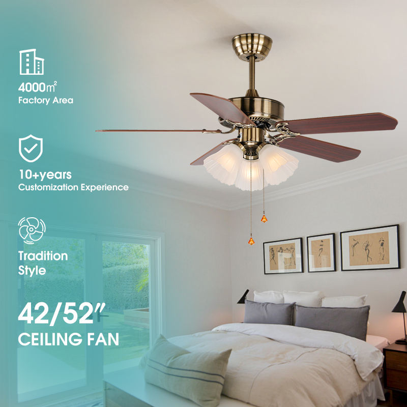HFBH 208B Ac Dc Classic American Style 42/52 Inches Pull Chain Wood Remote Control Copper Chandelier Ceiling Fan with Light