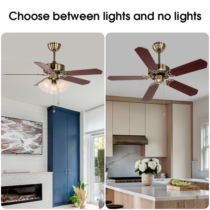 HFBH 208B Ac Dc Classic American Style 42/52 Inches Pull Chain Wood Remote Control Copper Chandelier Ceiling Fan with Light