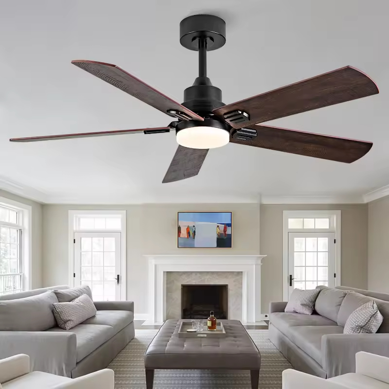 52 Inch Modern Black Ceiling Fan 5 Deep Walnut Blades Quiet Reversible DC Motor LED Ceiling Fan with Light Large Ceiling Fan