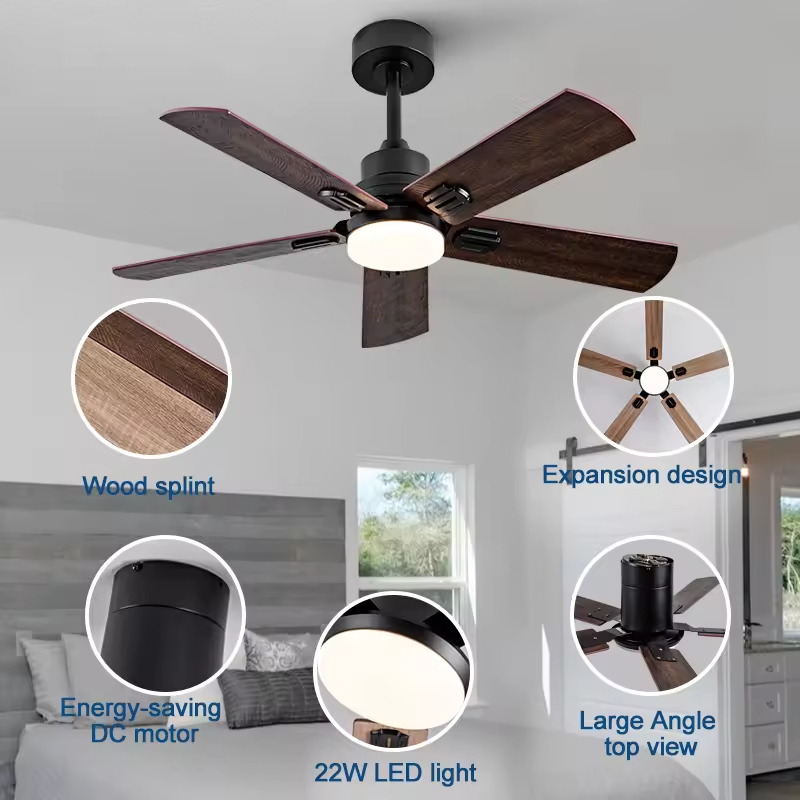 52 Inch Modern Black Ceiling Fan 5 Deep Walnut Blades Quiet Reversible DC Motor LED Ceiling Fan with Light Large Ceiling Fan