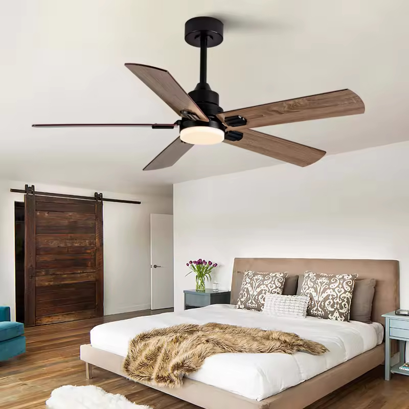 52 Inch Modern Black Ceiling Fan 5 Deep Walnut Blades Quiet Reversible DC Motor LED Ceiling Fan with Light Large Ceiling Fan