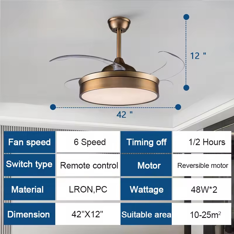 Wholesale Custom 48'' Chandelier 4 Blades Moto Retractable Invisible Led Ceiling Fan With Light and Remote Control
