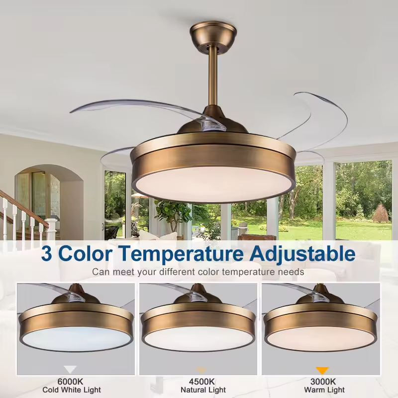Wholesale Custom 48'' Chandelier 4 Blades Moto Retractable Invisible Led Ceiling Fan With Light and Remote Control