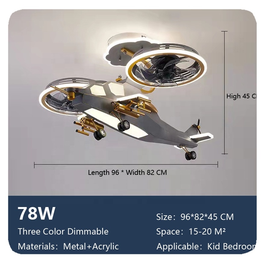 Decoration Helicopter Multi Speed Timer Remote Control Dimmable App Control Modern Led Aircraft Ceiling Fan for Children Bedroom