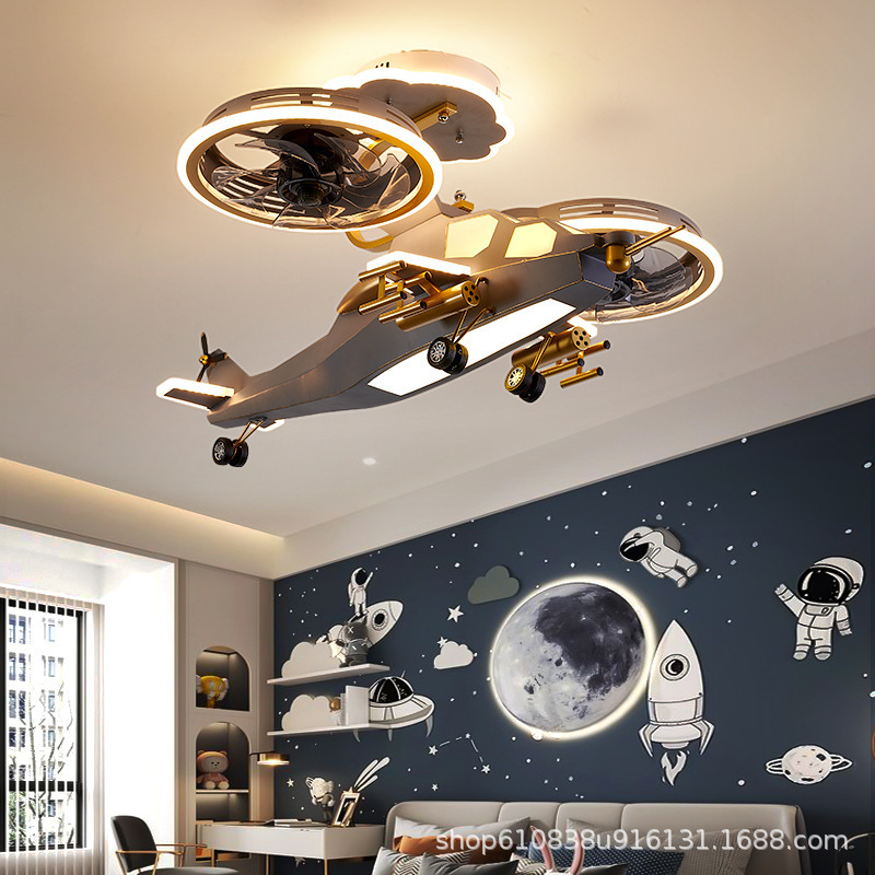 Decoration Helicopter Multi Speed Timer Remote Control Dimmable App Control Modern Led Aircraft Ceiling Fan for Children Bedroom