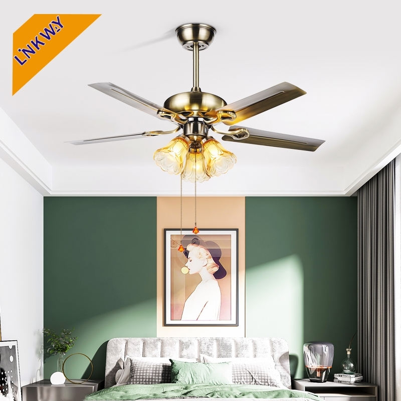 Linkway Classic US Design Air Cooling Ceiling Fan Light Chrome Nickel Metal Blade Remote Control Electric Power Source for Household Hotel Use